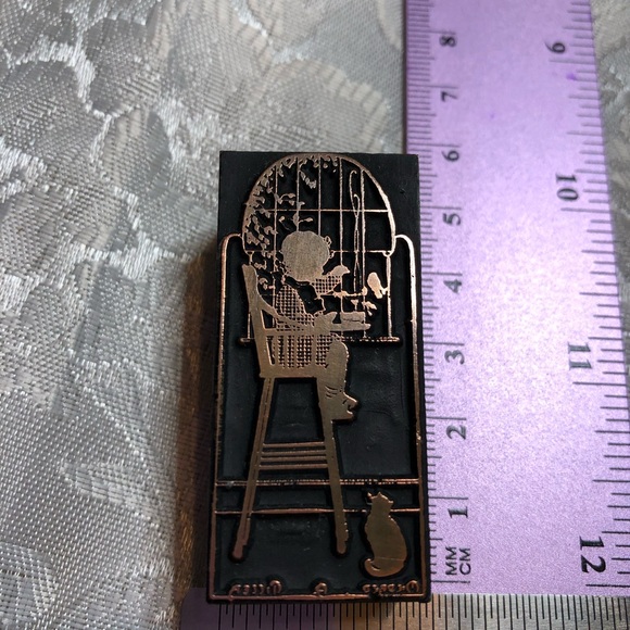 Antique Wooden Print Block Copper Child Bird Cat - Picture 2 of 4